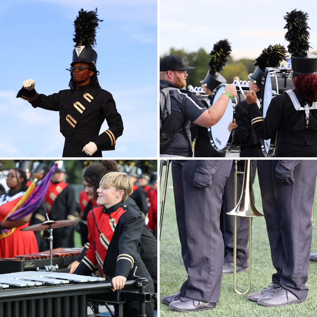 Four people in a marching band. One wearing a black hat and uniform, another holding a drum, one playing a trombone, and a child in red and black.