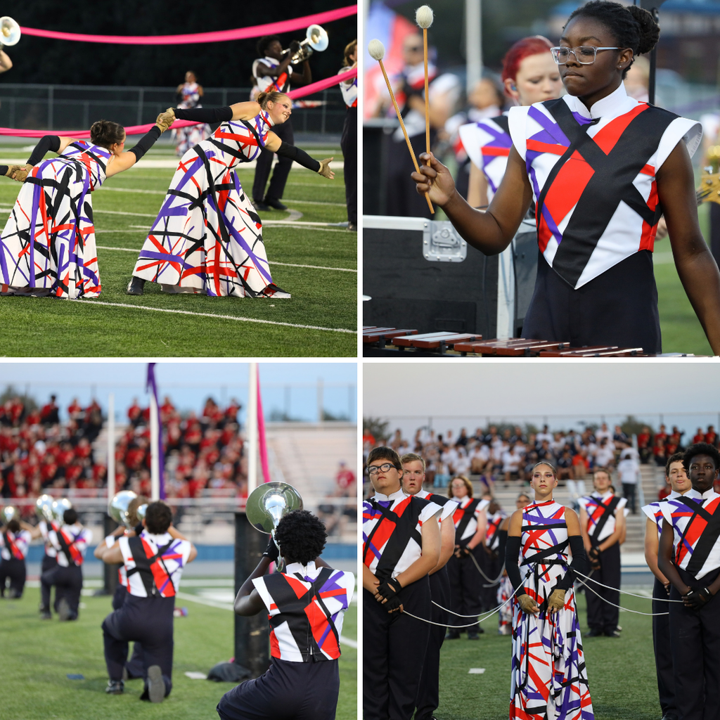 Four images of a band. First, a person playing drums. Second, a person playing xylophone. Third, people playing instruments on field. Fourth, people with instruments.