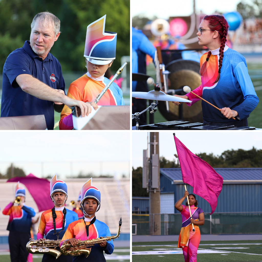 Four images show a band. A man adjusts a flute, a girl holds a drumstick, a flag waver, and a saxophonist.