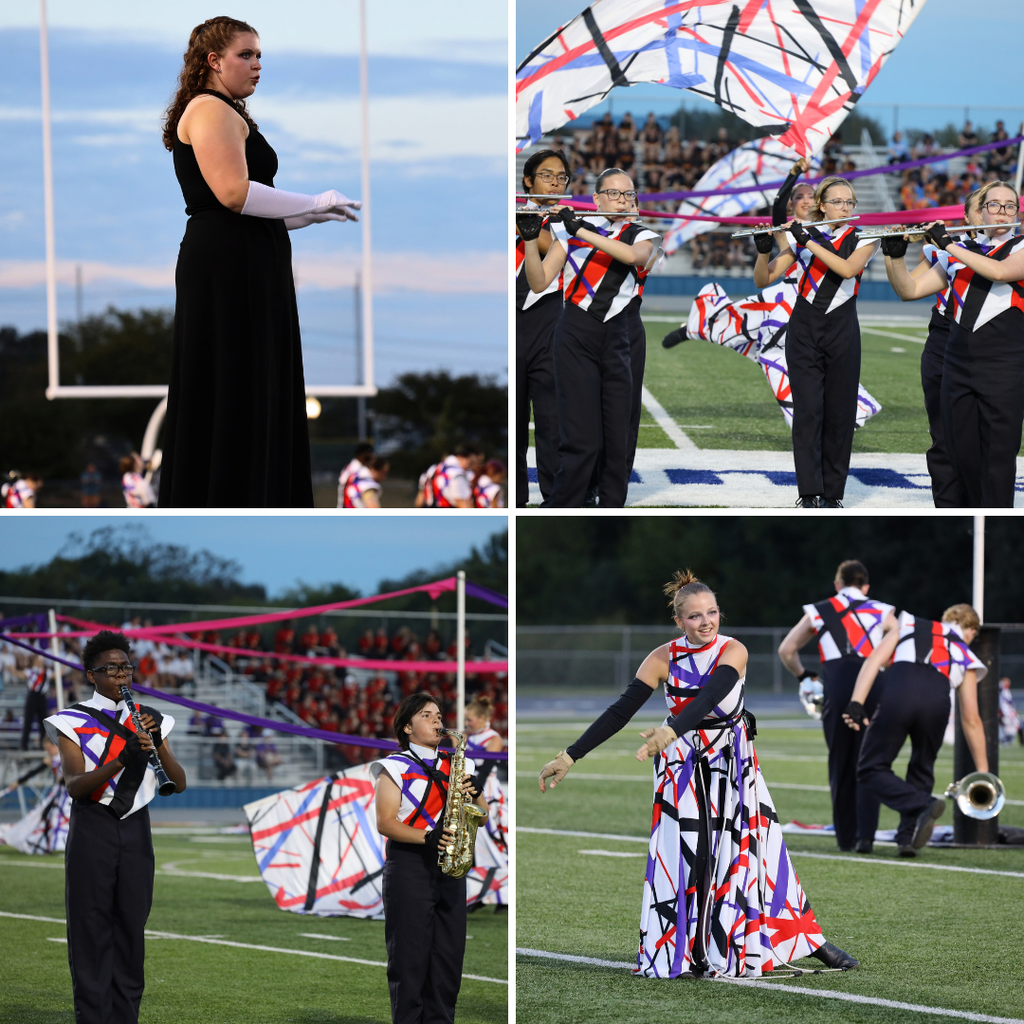 Four photos showing band members at an outdoor performance. A woman holds a flag, another plays saxophone, and others hold instruments.