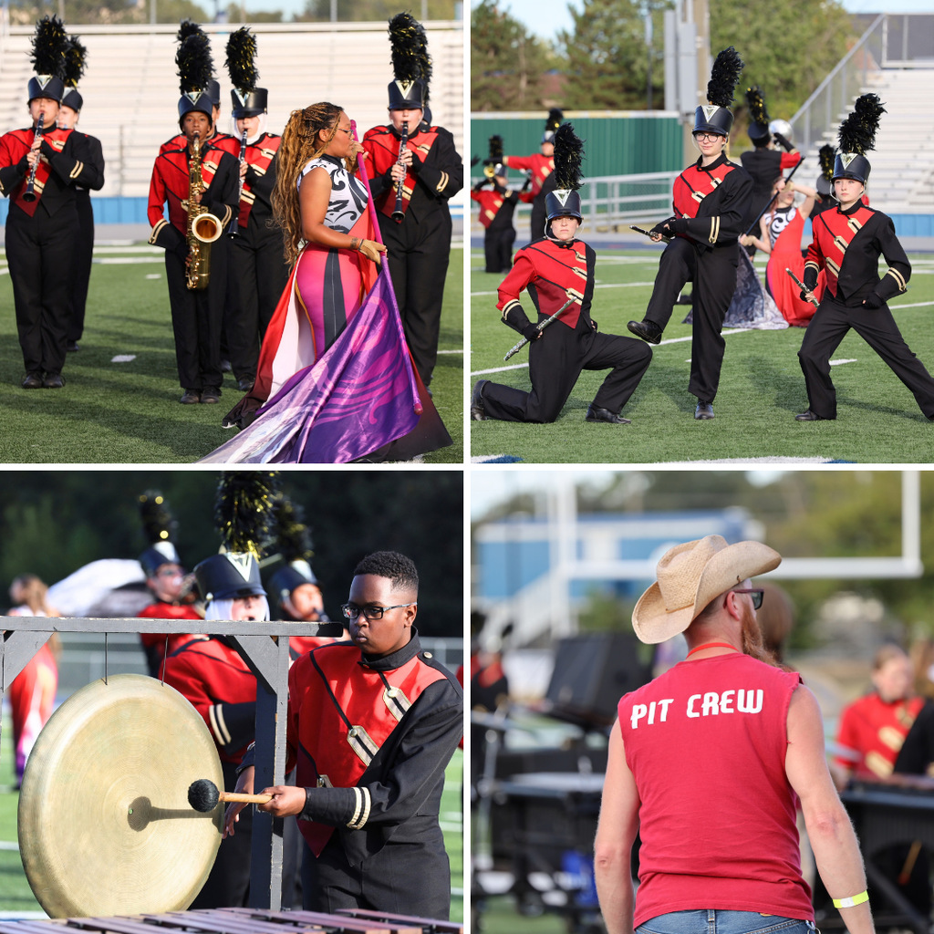 Four images of a marching band: performers marching, a soloist, a player with a drum, and a crew member.