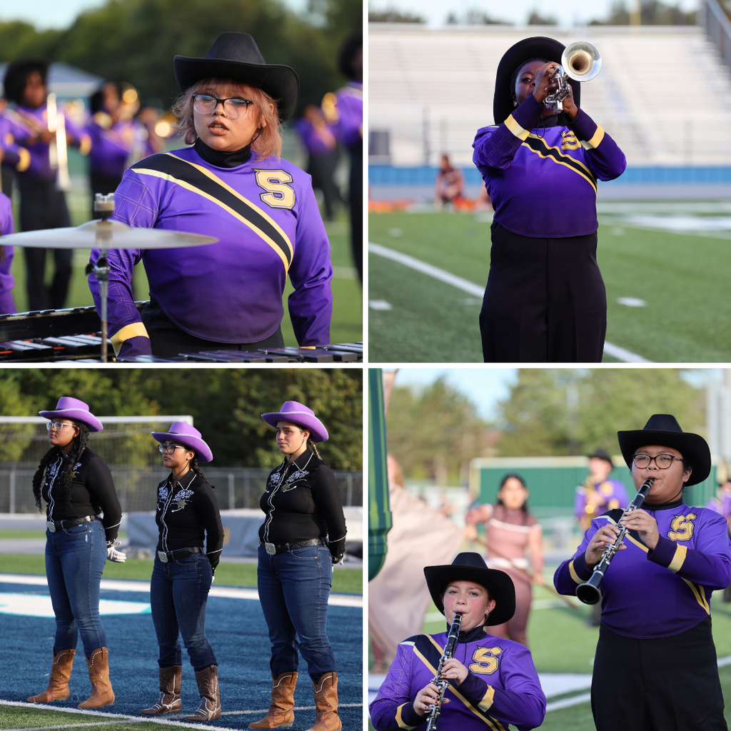 Four images of a marching band, showcasing musicians playing trumpets, drums, and clarinets on a football field.
