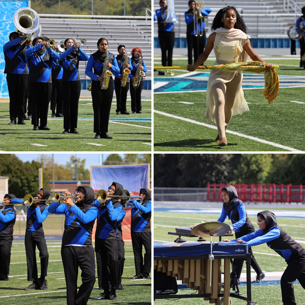 Four images of a school marching band performing on a football field. One image shows musicians playing trumpets.