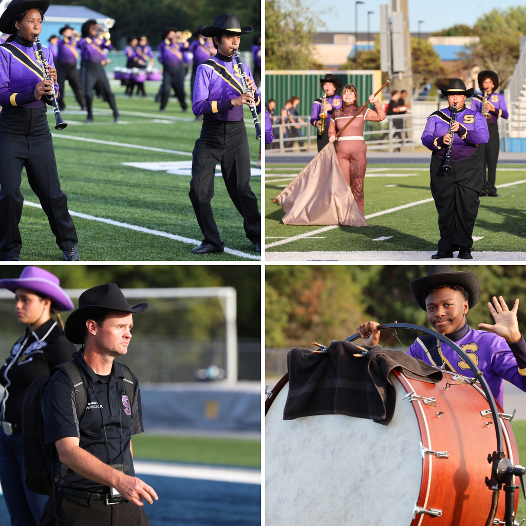 Four photos of a marching band on a field with blurred background; four musicians in purple and black, one waving, another with a drum.
