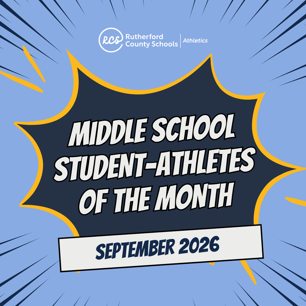 Blue and white background with a bold yellow outline. Text reads "MIDDLE SCHOOL STUDENT-ATHLETES OF THE MONTH" and "SEPTEMBER 2026".