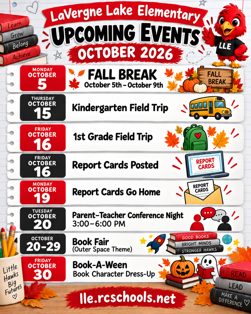 Visual display for LaVergne Lake Elementary School's October 2026 events. Includes Fall Break, field trips, report cards, parent-teacher conference night, and a book fair.