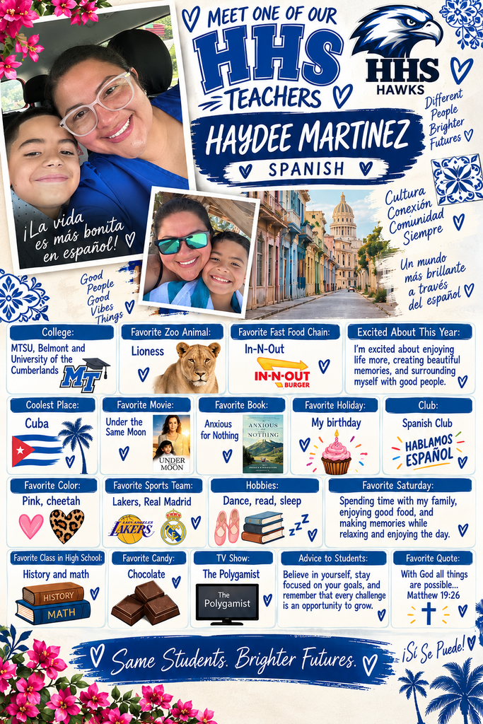 A collage of photos features a smiling woman and child. Sections include details about a teacher's hobbies, favorite color, and favorite place.