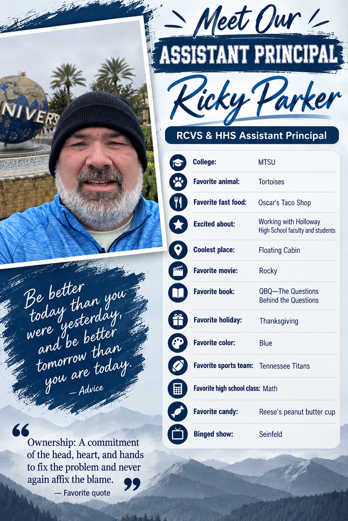 A man in a blue shirt and black beanie stands with a globe in the background. Text reads, "Meet Our Assistant Principal Ricky Parker." A list of his likes and dislikes is provided.