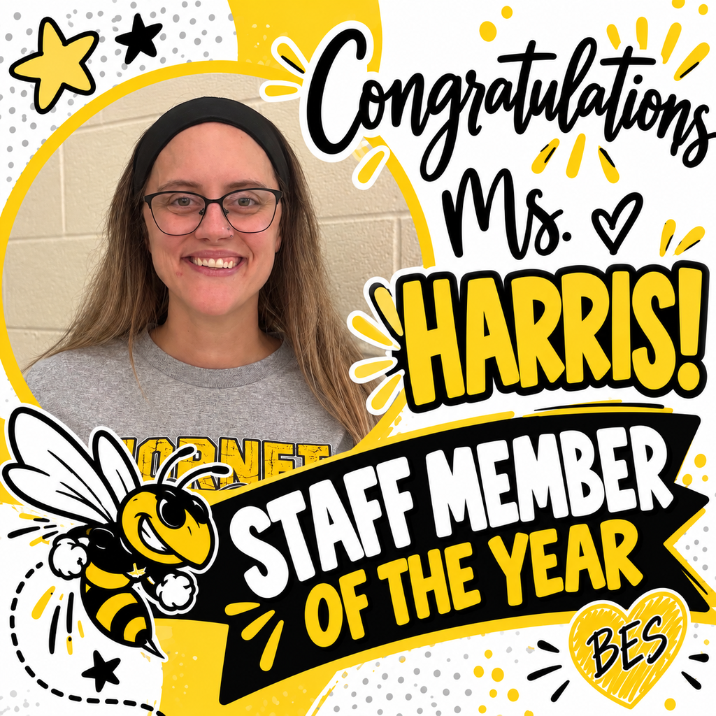A woman wearing glasses smiles at the camera. Text reads "Congratulations, Ms. Harris! Staff Member of the Year".