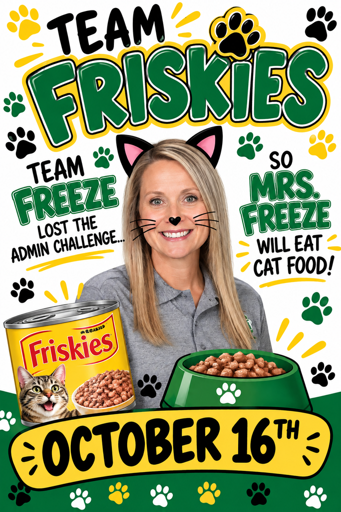A poster with a smiling woman wearing cat ears and a bowl of cat food. Text reads: "Team Friskies, Team Freeze, Lost the Admin Challenge, Mrs. Freeze will eat cat food, October 16th".