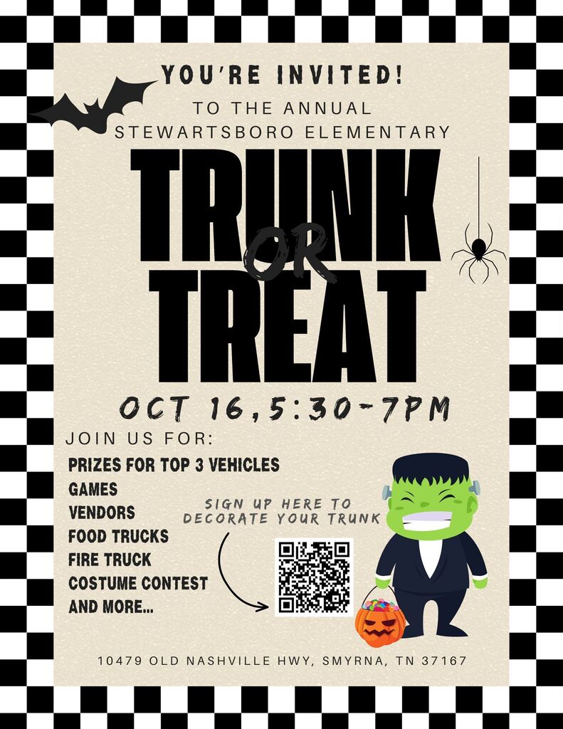 A black-and-white checkered background features a flyer for "TRUNK OR TREAT." A Frankenstein mascot holds a pumpkin. Event details include date, time, and location.