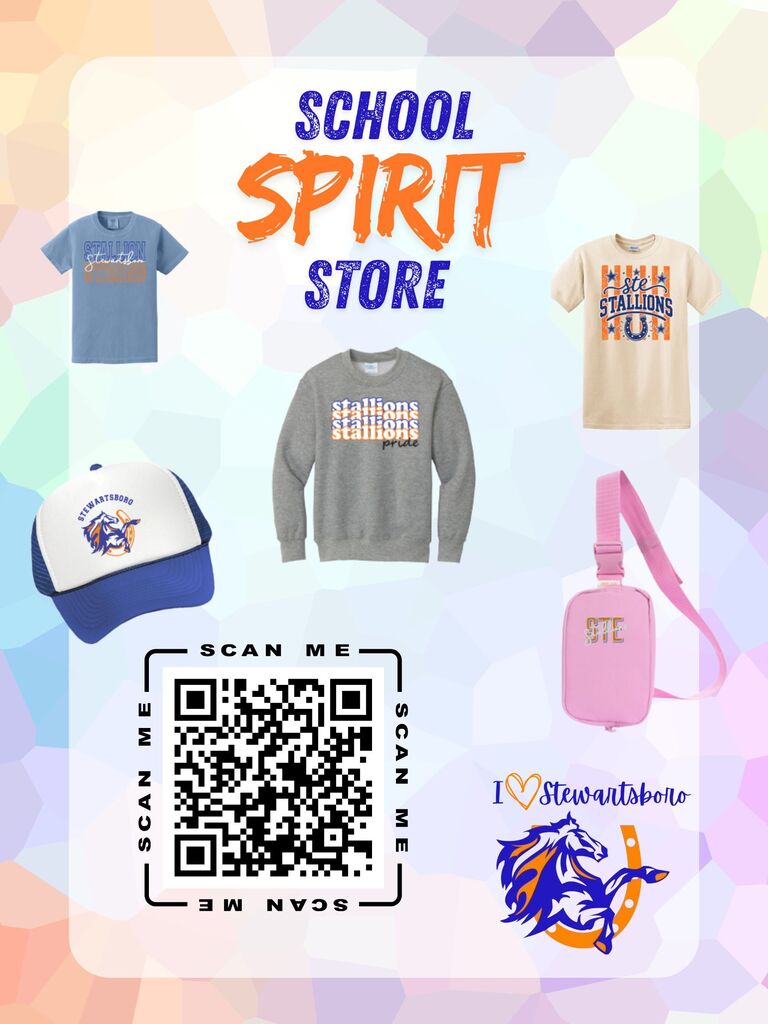 A graphic displays a variety of school spirit merchandise. Items include a cap, a hoodie, a shirt, and a backpack. A QR code is present for scanning.