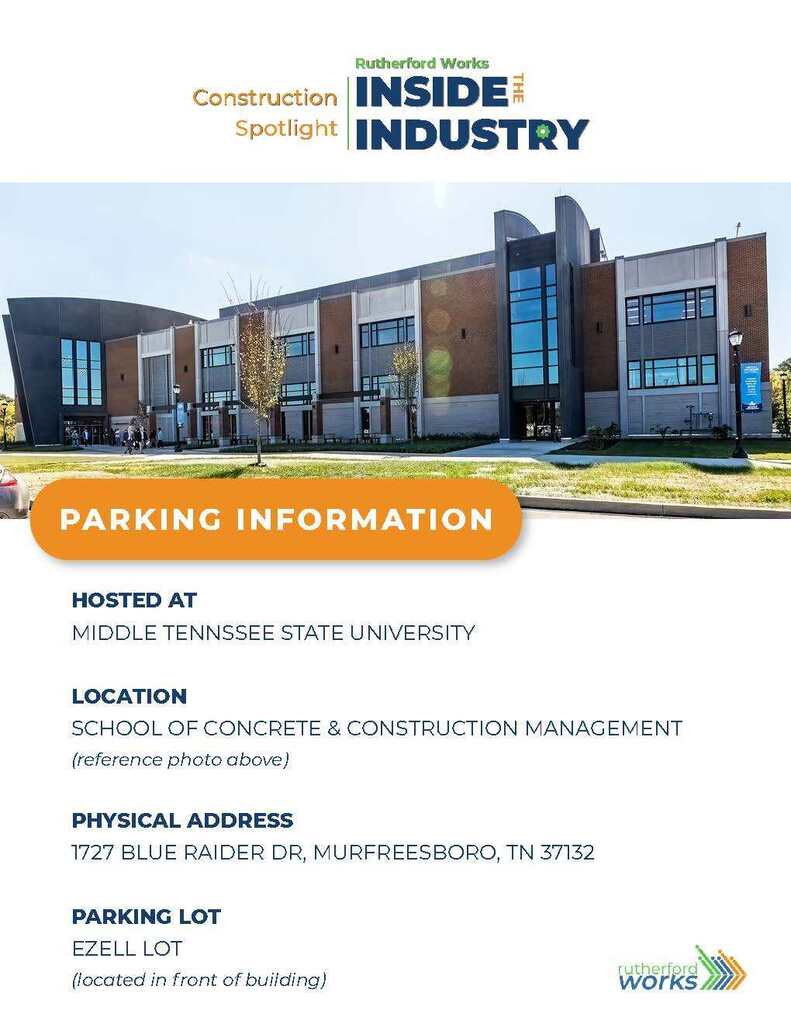 A building with a blue and brown exterior is shown. Text indicates it is the School of Concrete & Construction Management.