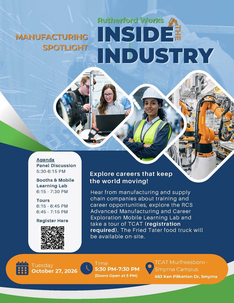 An event poster has four circular photos, one of a woman in a hard hat, and three of people working in a lab.