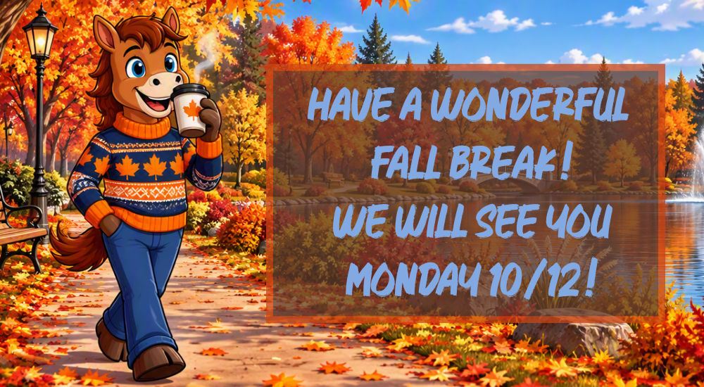 A cartoon character in fall colors holds a coffee cup. The background shows trees with orange leaves and a pond.