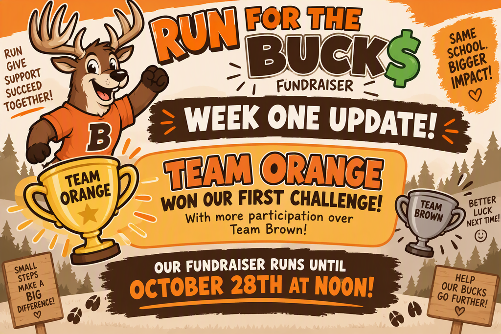An orange deer wearing a team orange shirt holds a trophy. Text reads "Run for the Bucks Fundraiser Week One Update!" 