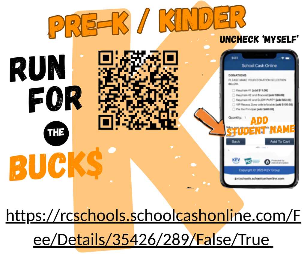 A graphic for Pre-K and Kinder with text and icons. "Run for the Bucks" on the left, QR code in the center, and a smartphone with an app screen on the right.