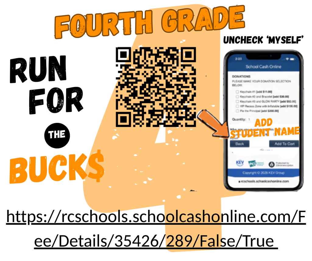 Advertisement with a smartphone displaying a webpage with a QR code. It reads "Fourth Grade Run for the Bucks" and shows a red arrow pointing to "Add Student Name."