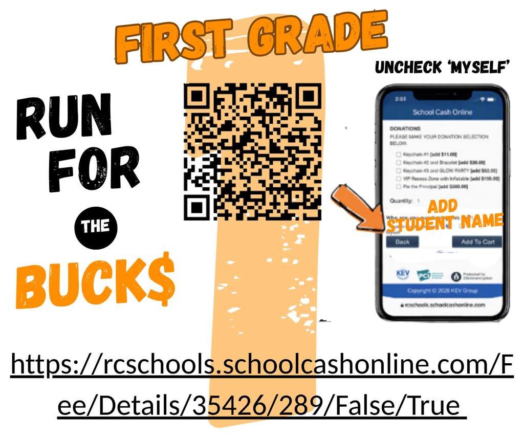 An advertisement for "First Grade Run for the Bucks" shows a QR code and a smartphone. Text highlights adding a student name.