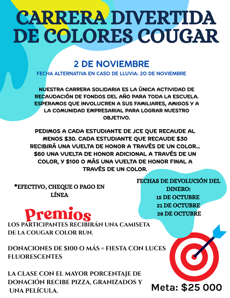 Flyer with "Carrera Divertida de Colores Cougar" title. Dates and prizes listed. Background has blue and white colors.