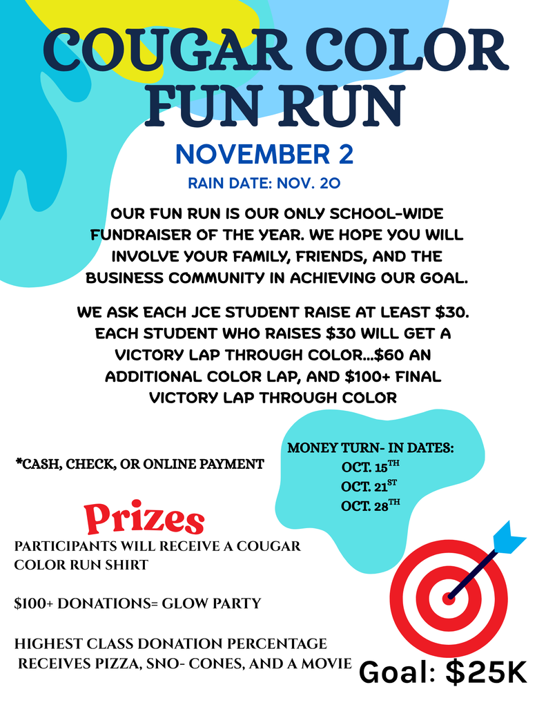 Flyer for Cougar Color Fun Run, November 2, with details on participation, prizes, and fundraising goals.