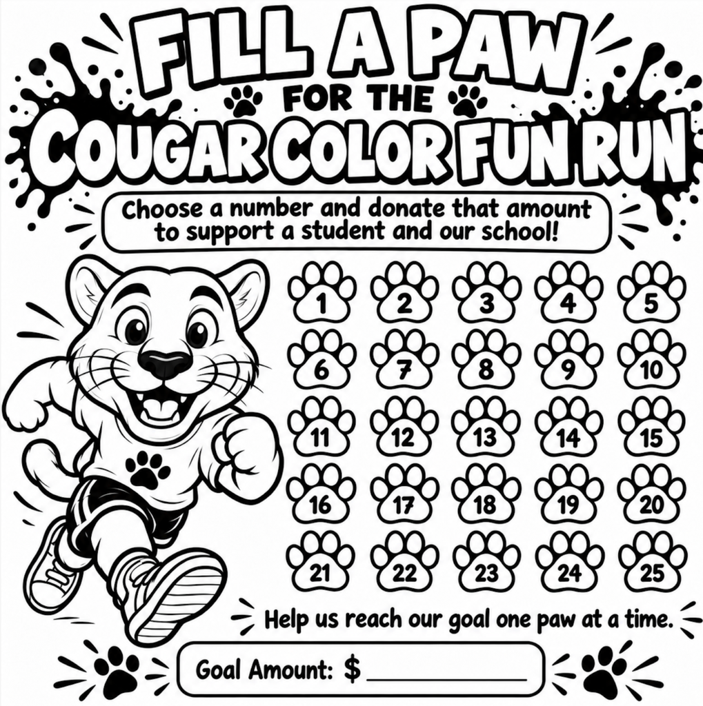 Black and white graphic with text and numbers. A smiling cartoon cougar runs with paws in the air.
