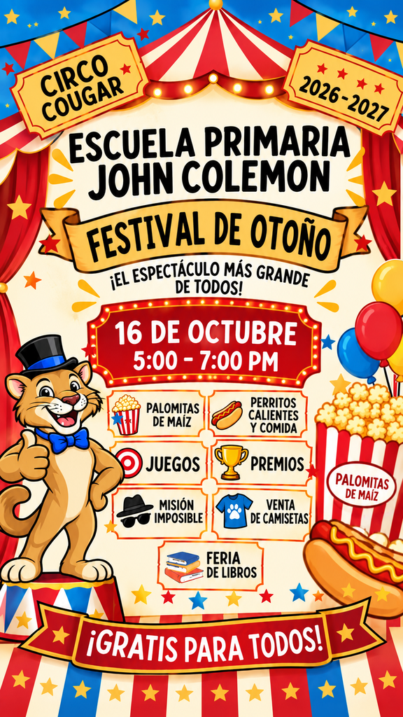 An illustrated poster for a festival at the John Colemon Primary School. It features a cartoon cat, popcorn, and balloons. Text includes the date, time, and details.