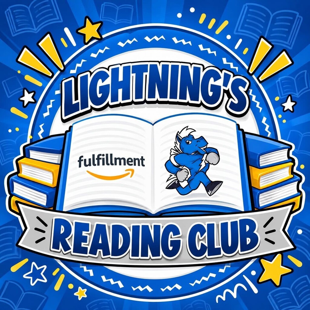 Logo featuring an open book with a cartoon character, a cartoon Amazon logo, and the words "Lightning's Reading Club" on a blue background.