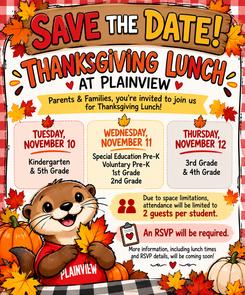 Flyer for a Thanksgiving Lunch at Plainview. Features a smiling beaver. Schedule shows three dates for different grade levels.