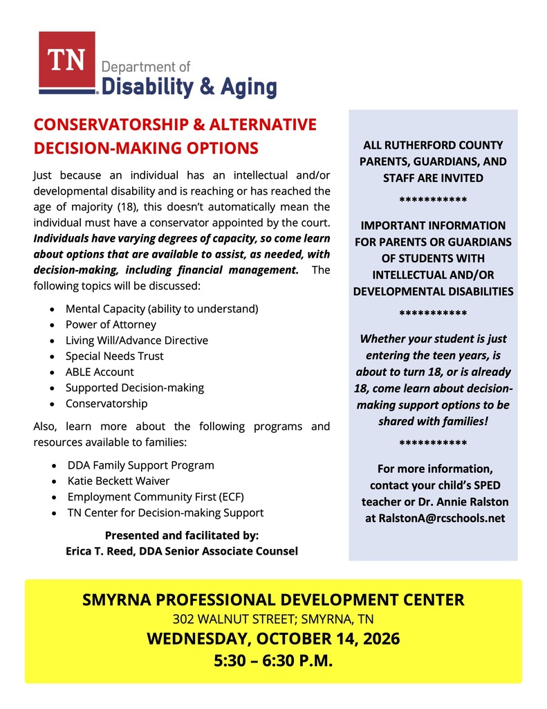 Flyer with blue and white sections detailing "Conservatorship & Alternative Decision-Making Options" for parents and guardians of individuals with intellectual and/or developmental disabilities.