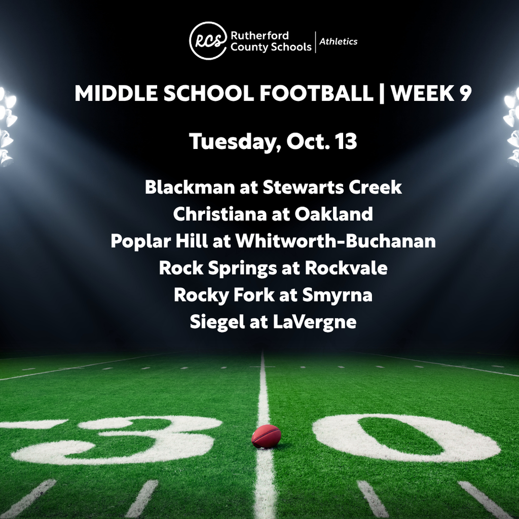 Football field with game schedule above. Week 9, Tuesday, Oct. 13. Teams and locations listed.