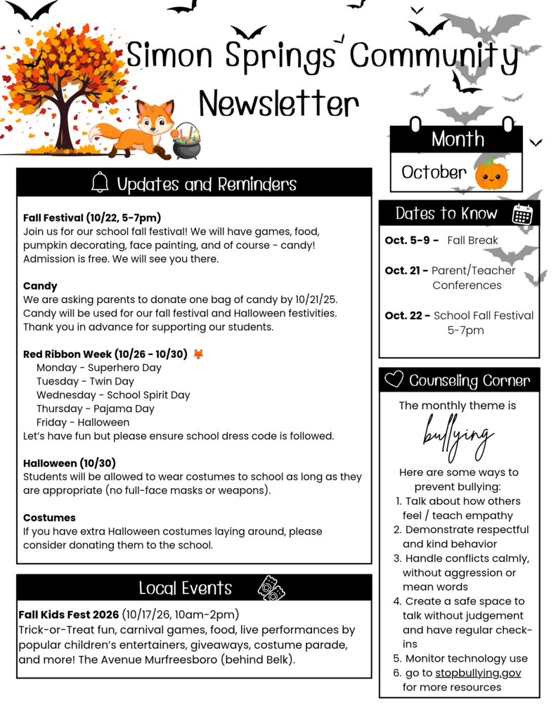 Newsletter with heading "Simon Springs Community Newsletter". Text on a black background lists dates, reminders, and events, with a tree and fox in the upper left corner.