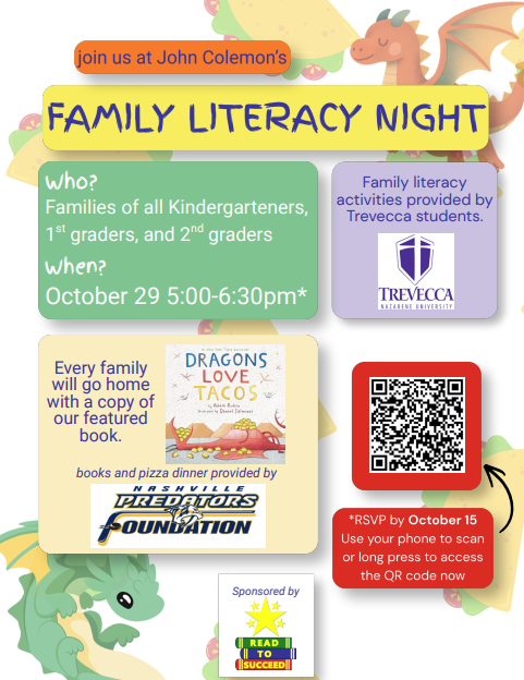Flyers for Family Literacy Night with details about the event, date, time, and activities. A QR code is included.