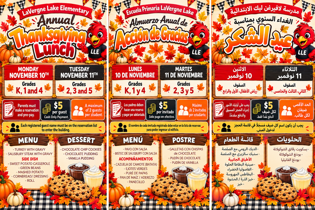A flyer with three columns, featuring a turkey, autumn leaves, and pumpkins, includes event details, menu, and prices.