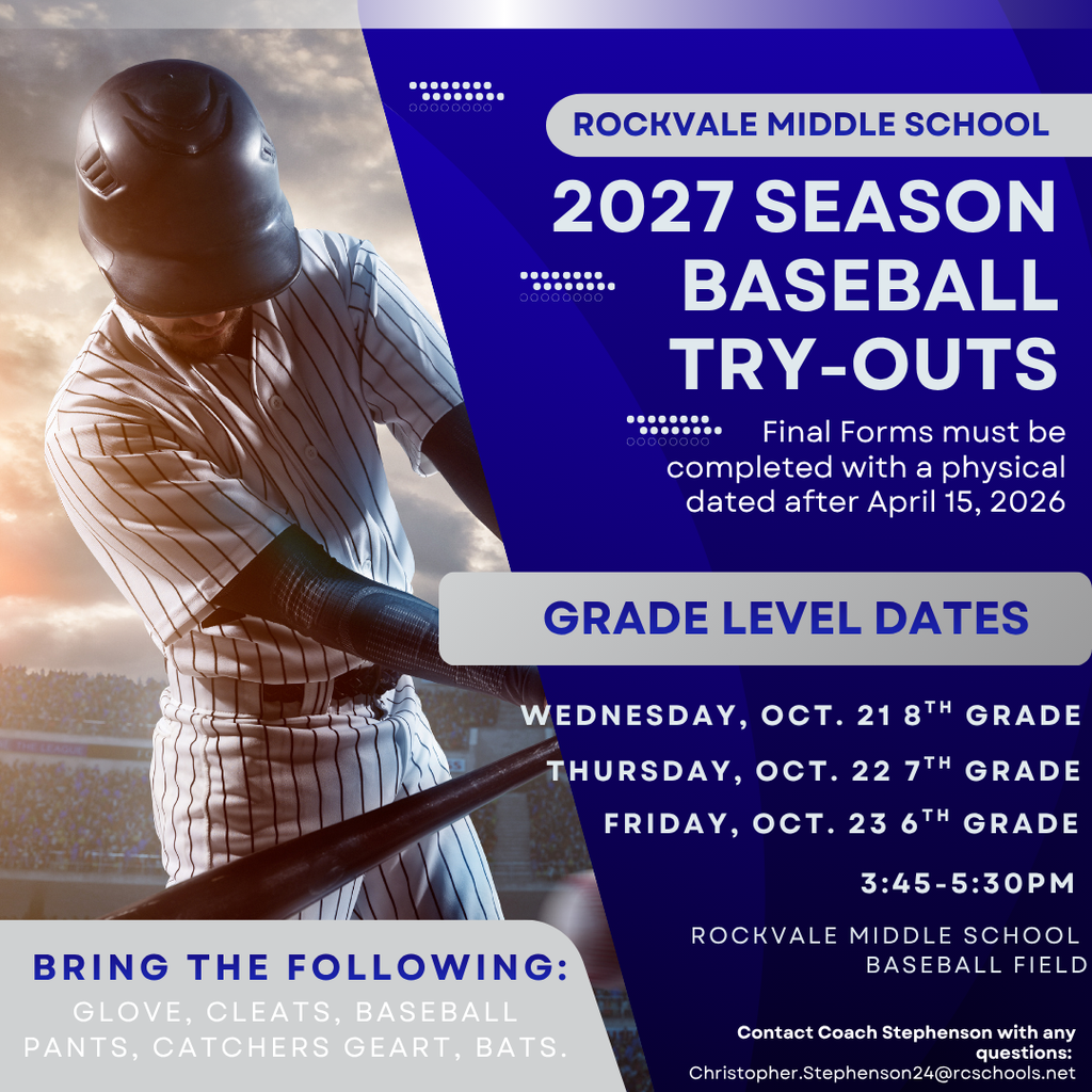 A flyer displays a baseball player wearing a uniform, glove, and helmet. It mentions "2027 Season Baseball Try-Outs" and lists grade level dates.