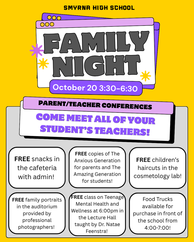 Flyer for Family Night at SMYNR High School on October 20. Event includes parent/teacher conferences, free snacks, children's haircuts, family portraits, and a class on Teen Mental Health.