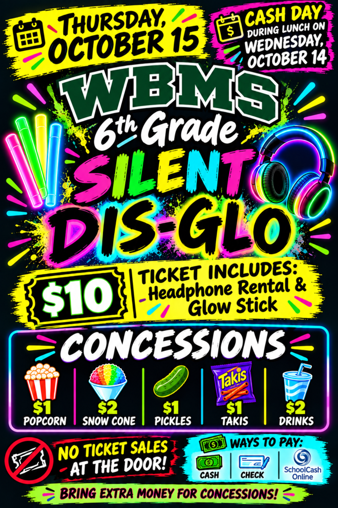 A colorful poster advertises a silent disco event. It includes ticket price, concessions, and payment methods.