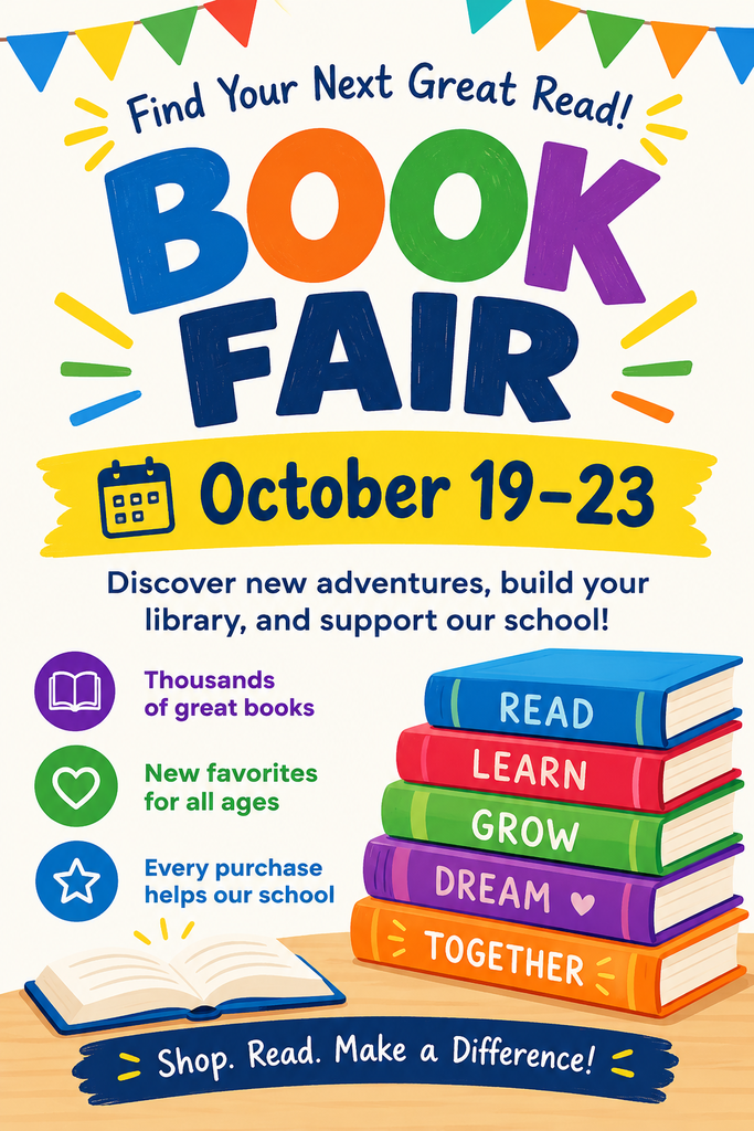 Poster advertising a book fair, October 19-23. Colorful books stacked on a table, with icons for reading, learning, and growth.