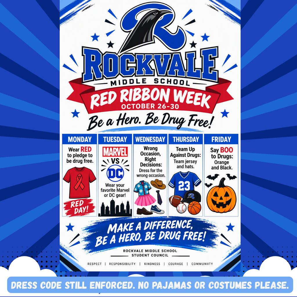 A poster titled "Rockvale Middle School Red Ribbon Week" with a blue and red background. Schedule for October 26-30.