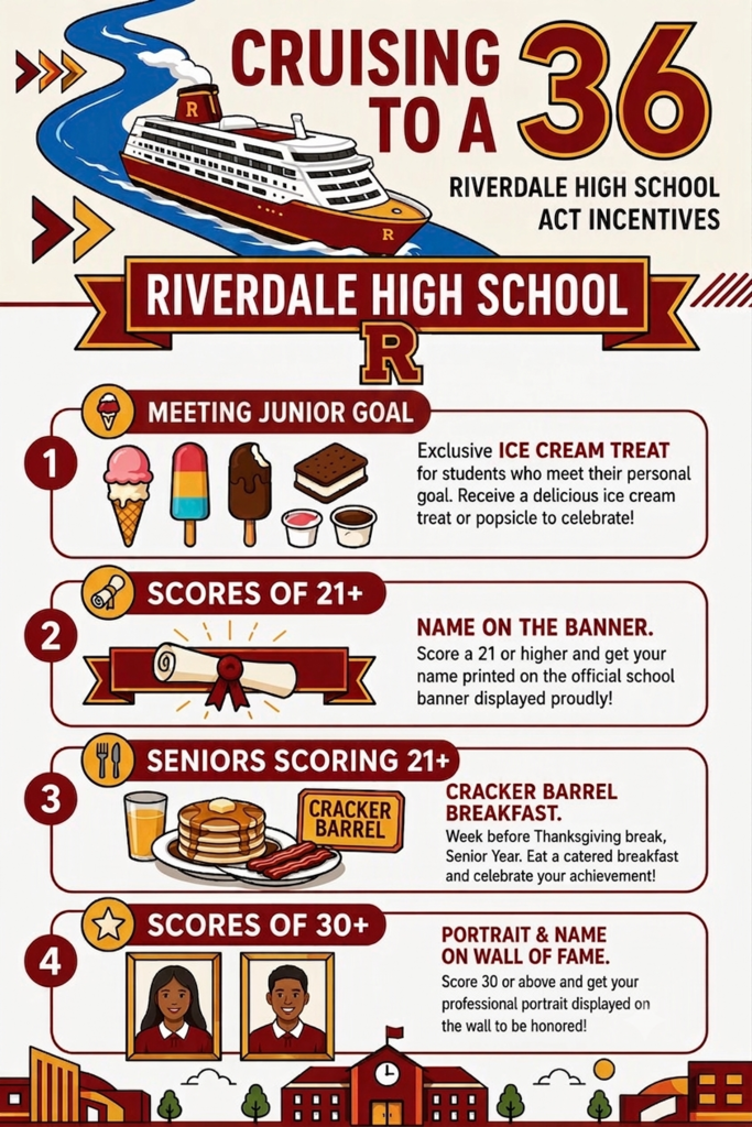 An infographic highlights rewards for students. Rewards include ice cream, a name on the banner, a breakfast, and a portrait.