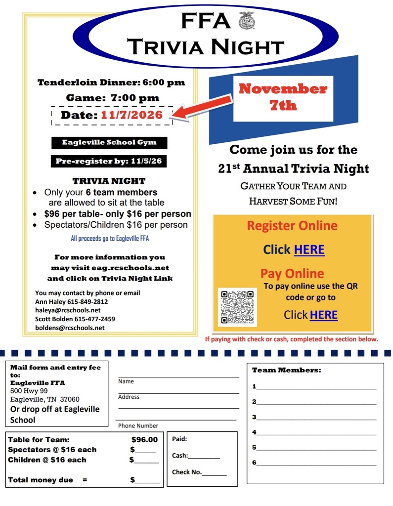 A flyer with "FFA Trivia Night" in bold text. The date is November 7, 2026. It includes a dinner time, registration details, and pay online options.