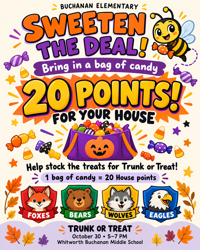 A colorful flyer for a school event, displaying a bee, candy, pumpkins, and icons of foxes, bears, wolves, and eagles.