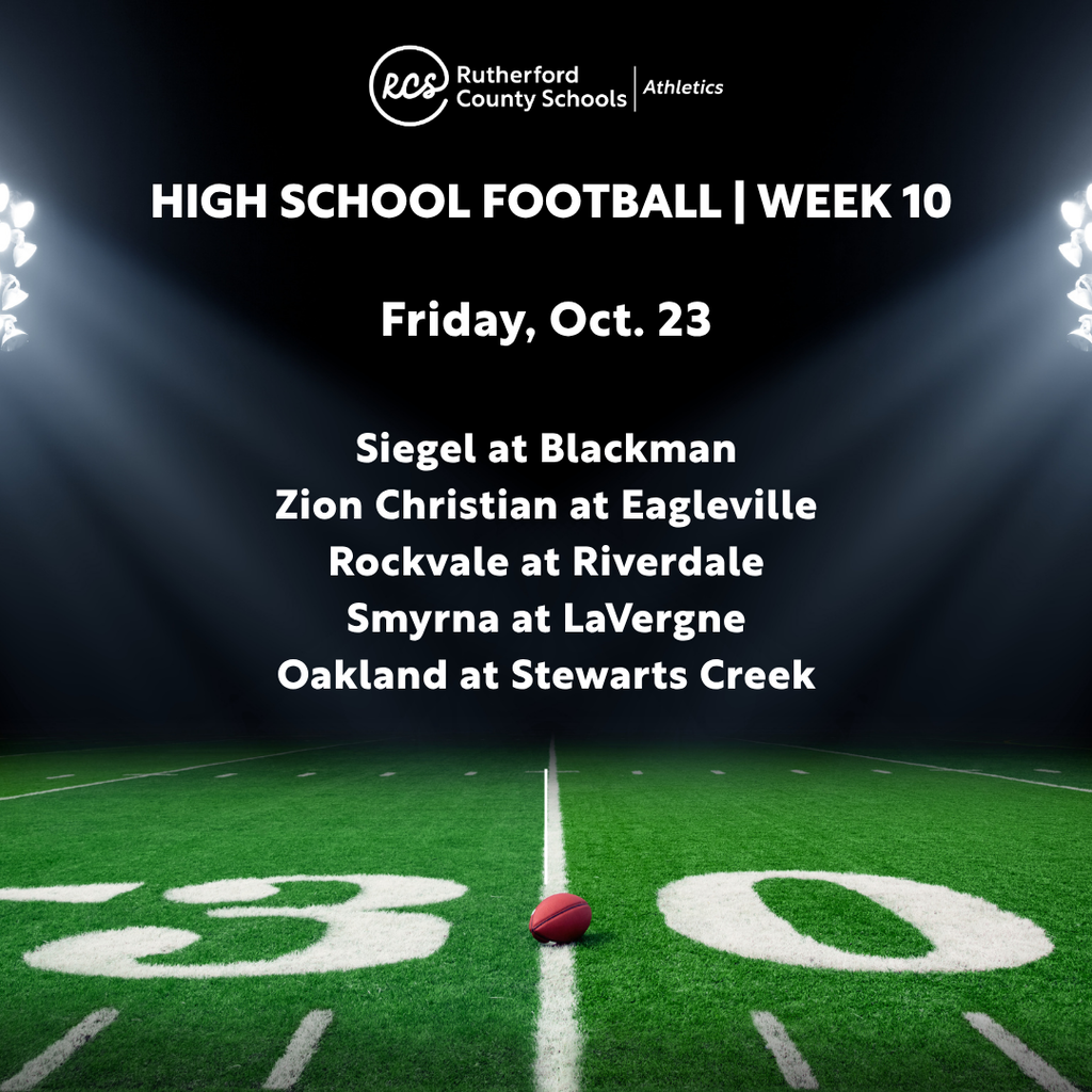 Dark background with bright lights. A football on a field. The text reads, "High School Football | Week 10" and "Friday, Oct. 23."