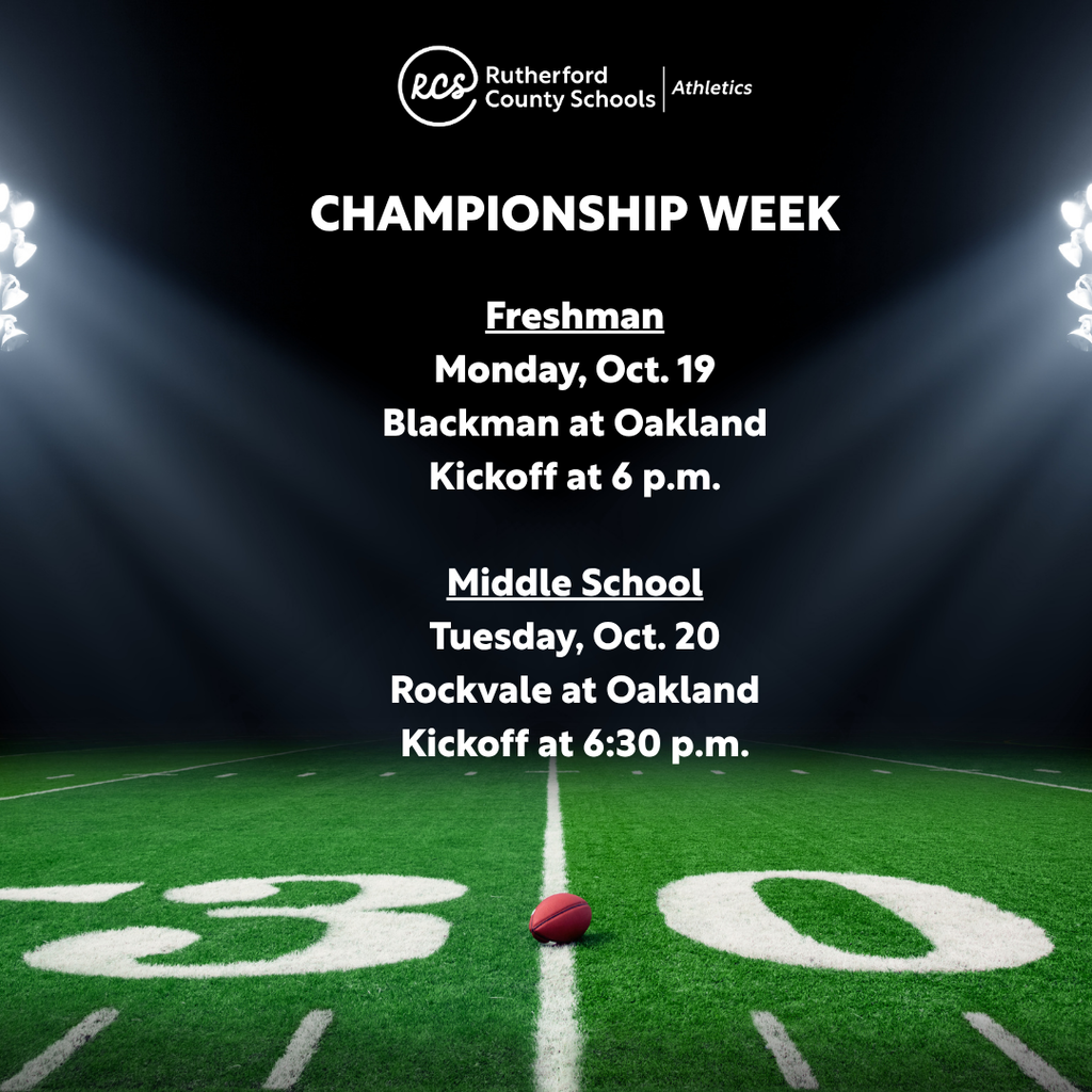 Poster with a football field background, text "Championship Week" and details of two games, with the date and kickoff times.