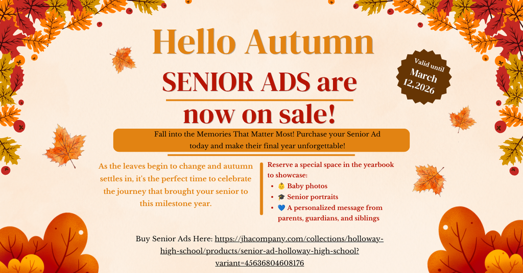 A poster for senior ads sale with autumn leaves and text "Hello Autumn SENIOR ADS are now on sale!"