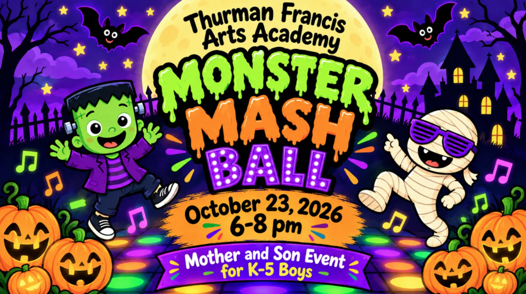 Poster with Halloween theme and title "Monster Mash Ball" with monster and mummy cartoon characters.
