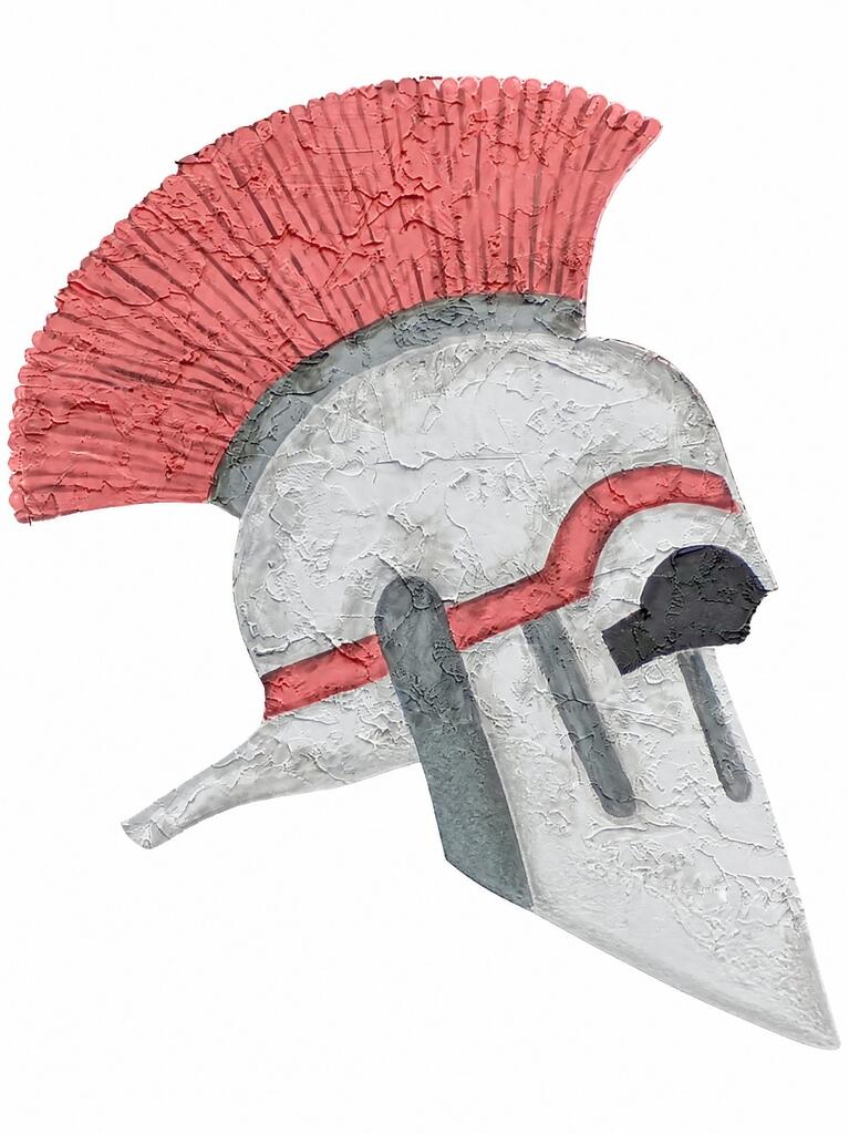 Illustration of an ancient warrior helmet with a red plume. The helmet has red lines on the forehead and cheek guards.