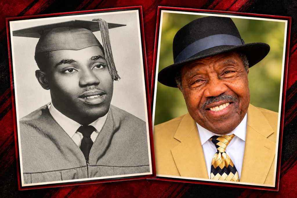 Two images, one of a man in a cap and gown and the other of a man in a suit and tie, both smiling.