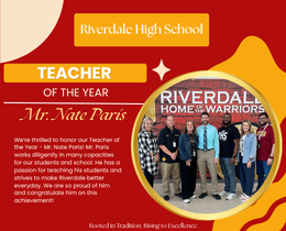 A poster with "Riverdale High School" at the top and "Teacher of the Year" below. Five adults stand in a circle, smiling.