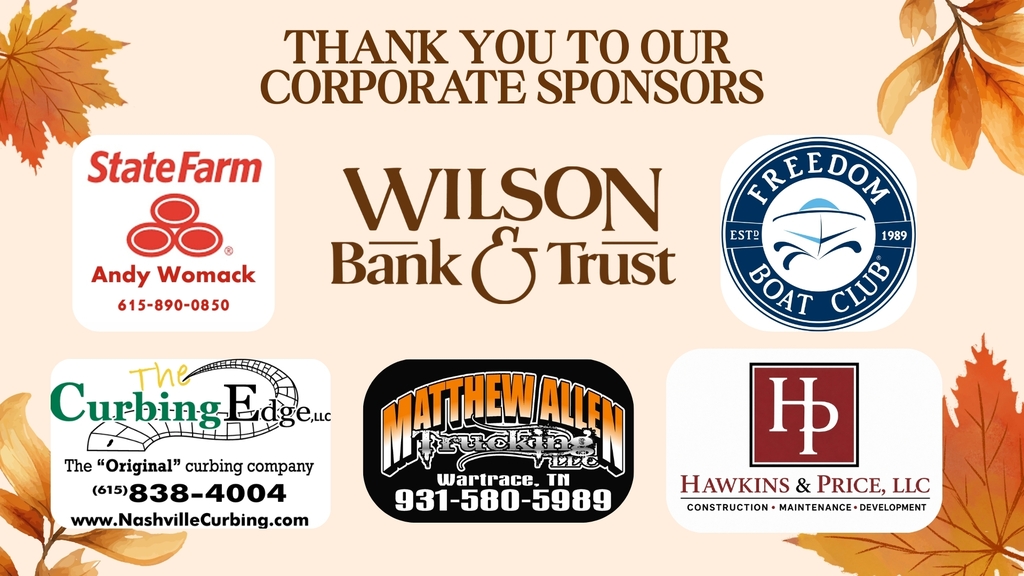 Advertisement for corporate sponsors featuring six logos, autumn leaves, and the text "Thank you to our corporate sponsors."